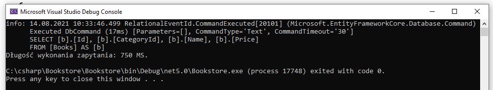 Entity Framework Core dobre praktyki - monitorowanie czasu zapytania konsola