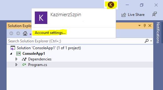 Profil użytkownika visual studio